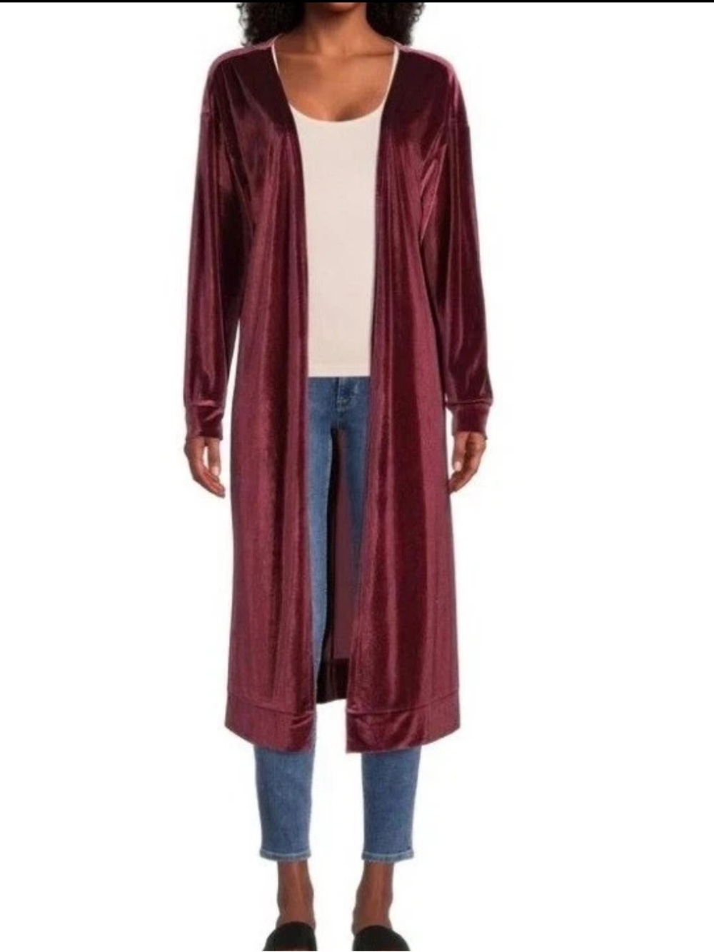 World Market Velvet Burgundy Red Open Midi Kimono Cardigan Robe O/S Festival